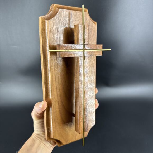 Vintage Cross Minimalist MCM Style Wood Brass Hanging Wall Plaque 11” - Picture 3 of 16